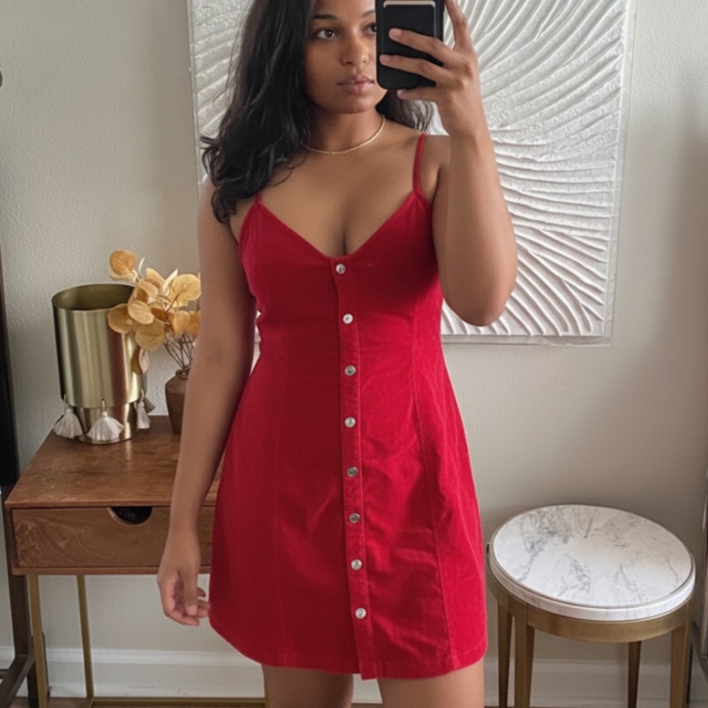 100% Cotton Corduroy Button Up Dress in Red